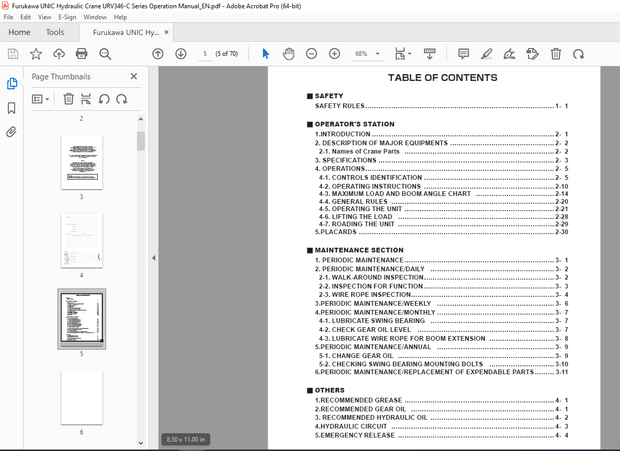 FURUKAWA UNIC Hydraulic Crane URV346-C Operators Manual PDF DOWNLOAD
