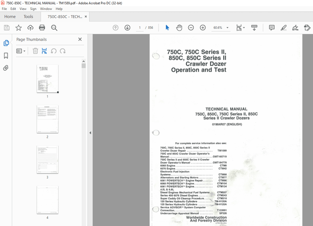 John Deere 750C, 750C Series 11, 850C, 850C Series II, Crawler Dozer Operation and Test Manual - PDF