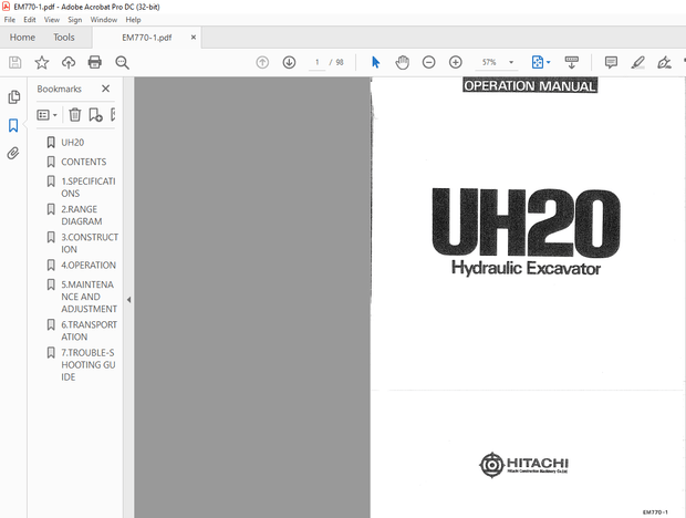 Hitachi Hydraulic Excavator UH20 Operation Manual(EM770-1) – PDF DOWNLOAD