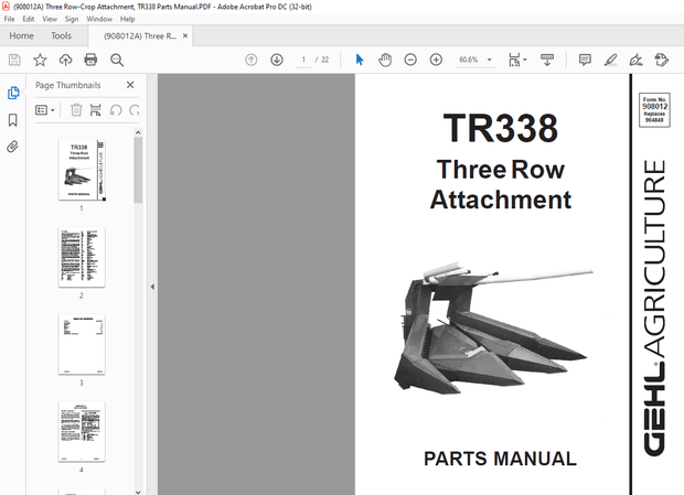 Gehl TR338 Three Row Attachment Parts Manual 908012 – PDF DOWNLOAD
