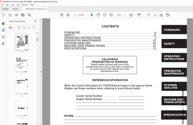 Bobcat 463 Loader Operation &amp; Maintenance Manual 6901175 - PDF DOWNLOAD