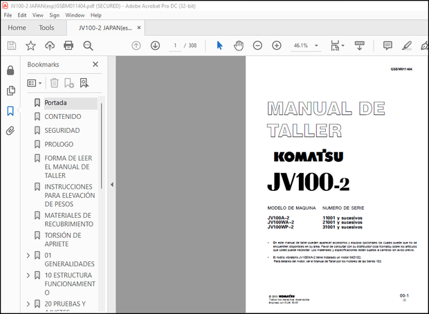 Komatsu JV100-2 Roller Manual de Taller GSBM011404 – PDF DOWNLOAD (Spanish)