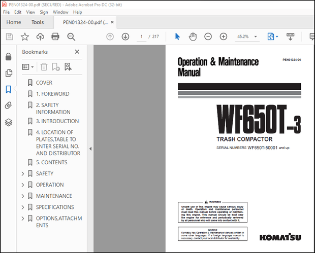 Komatsu Trash Compactor WF650T-3 Operation &amp; Maintenance Manual PEN01324-00 – PDF DOWNLOAD
