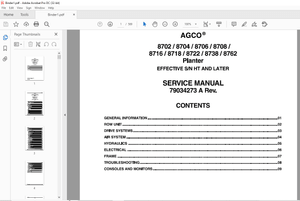 AGCO NA 8702 8704 8706 8708 8716 8718 8722 8738 8762 Planter EFFECTIVE SINHT &amp; LATER Service Manual