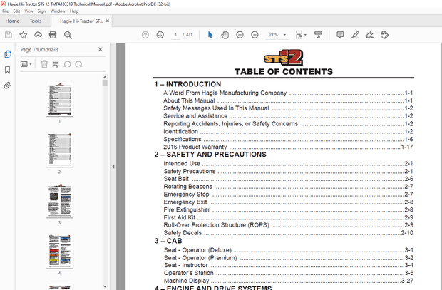 Hagie Hi-Tractor STS 12 Technical Manual 493630 – PDF DOWNLOAD