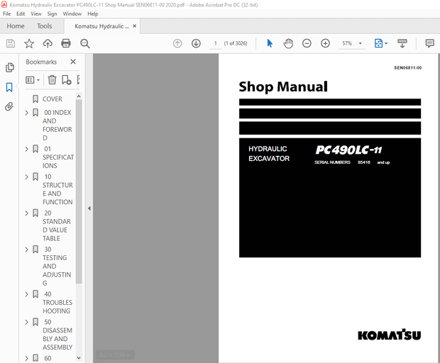 Komatsu PC490LC-11 Hydraulic Excavator Shop Manual SEN06811-00 – PDF DOWNLOAD