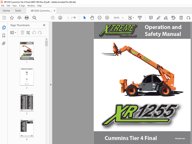 XTREME Telehandler XR1255 Cummins Tier 4 Final Operation &amp; Safety Manual PDF