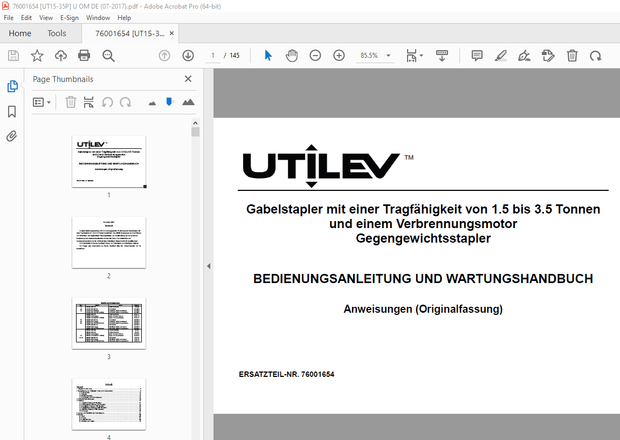 UTILEV 1.5 bis 3. 5 Tonnen und einem Gegengewichtsstapler BEDIENUNGSANLEITUNG PDF
