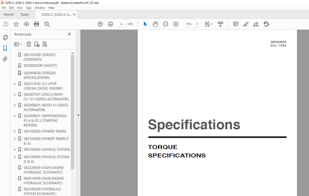 Daewoo Doosan Forklift D15S-2 to G20SC-2 Service Manual SB4048E00 - PDF DOWNLOAD