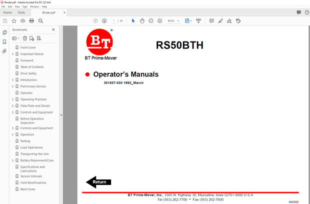 BT Prime-Mover Forklift RS50BTH Operator’s Manual – PDF DOWNLOAD