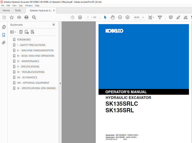 Kobelco SK135SRLC SK135SRL Hydraulic Excavator Operator’s Manual – PDF DOWNLOAD