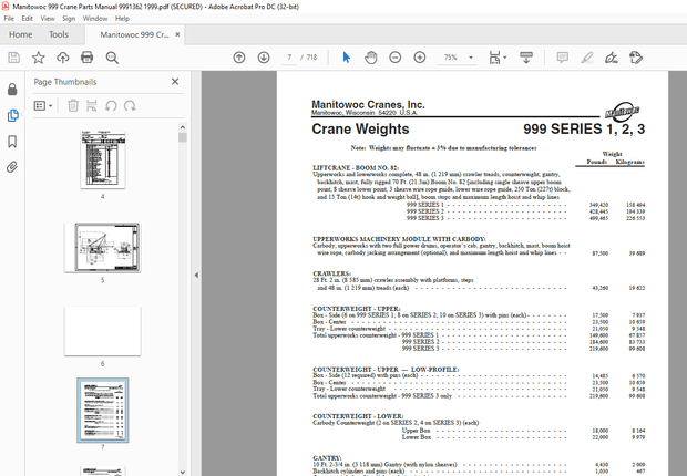 Manitowoc Traditional Crane 999 Parts Manual SN 9991362 – PDF DOWNLOAD