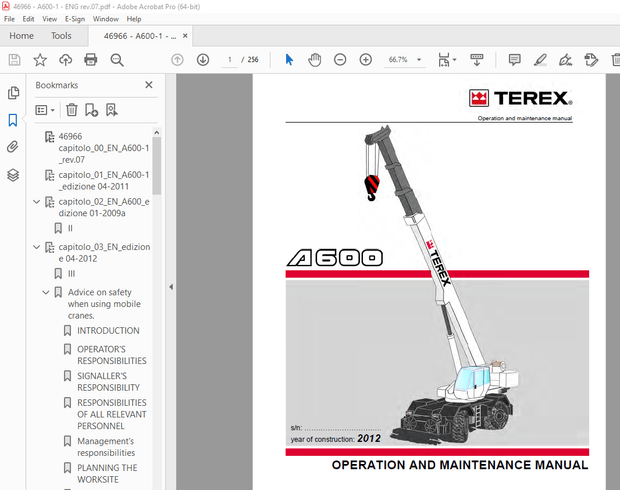 Terex Crane A600 Operation &amp; Maintenace Manual 46966 – PDF DOWNLOAD