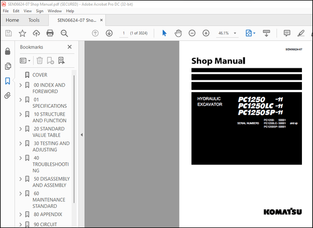 Komatsu PC1250 -11 PC1250LC -11 PC1250SP-11 Hydraulic Excavator Shop Manual SEN06624-07 – DOWNLOAD