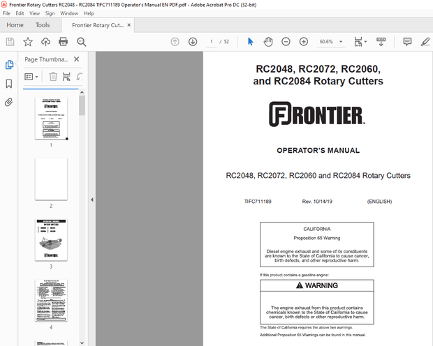 Frontier Rotary Cutters RC2048 RC2072 RC2060 And RC2084 Operator’s Manual(TIFC711189) – PDF DOWNLOAD