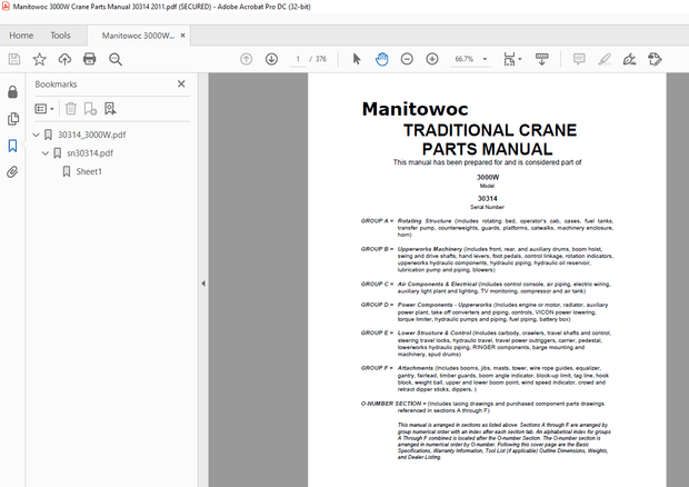 Manitowoc Traditional Crane 3000W Parts Manual SN 30314 – PDF DOWNLOAD