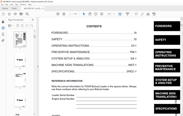 Bobcat 463 Loader Operation &amp; Maintenance Manual 6901811 - PDF DOWNLOAD