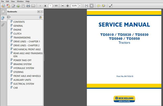 New Holland TD5010 TD5020 TD5030 TD5040 TD5050 Tractors Service Manual (84176561B)