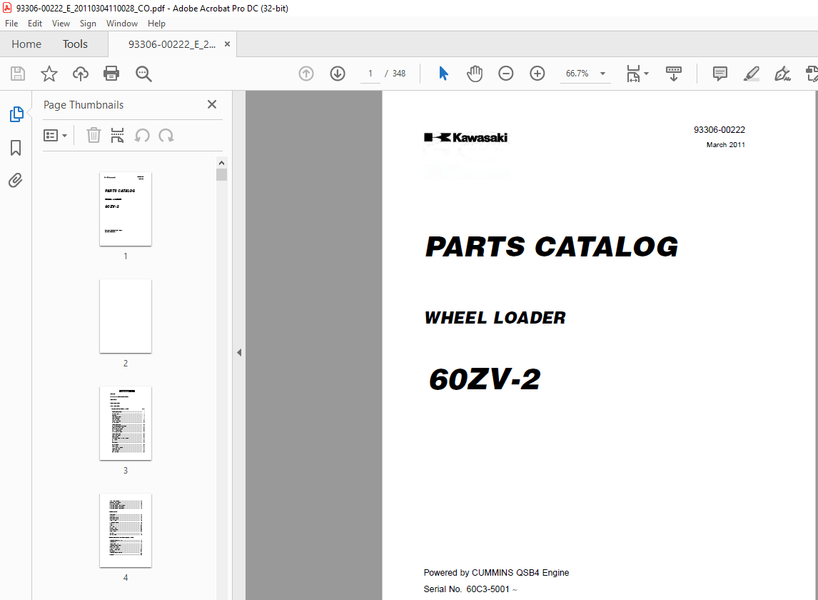 Kawasaki WHEEL LOADER 60ZV2 PARTS CATALOG Manual PDF DOWNLOAD