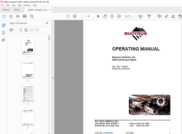 Cat Bucyrus 30M Continuous Miner Operation Manual - PDF DOWNLOAD