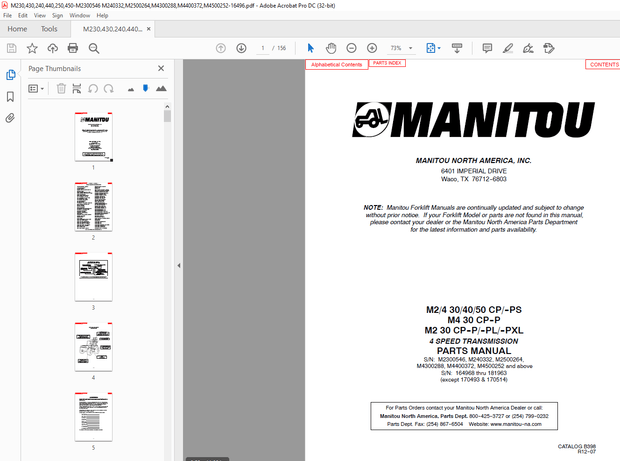 Manitou Crane M24 304050 CP-PS MAST PARTS MANUAL – PDF DOWNLOAD