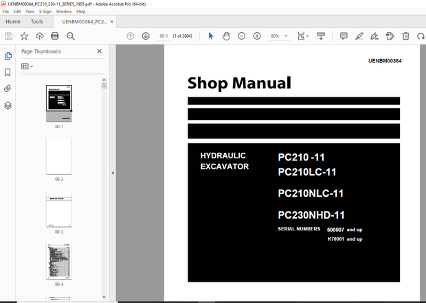 Komatsu PC210-11,PC210LC-11,PC210NLC-11,PC230NHD-11 Hydraulic Excavator Shop Manual UENBM00364 - PDF