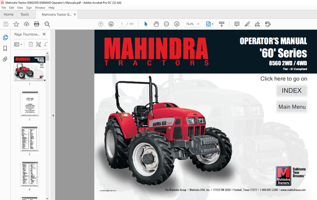 Mahindra Tractor ’60’ Series 8560 2WD 4WD Tier – III Compliant Operator’s Manual – PDF DOWNLOAD