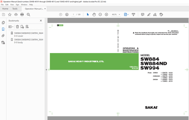Sakai Vibrating Roller SW884 SW884ND SW994 OPERATING &amp; MAINTENANCE MANUAL