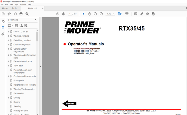 BT Prime-Mover Forklift RTX35/45 Electric Stand-Up Rider Truck Operator’s Manual