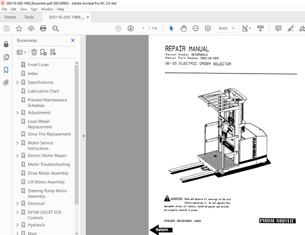 BT Prime-Mover Forklift OE-35 Electric Order Selector Service Manual – PDF DOWNLOAD
