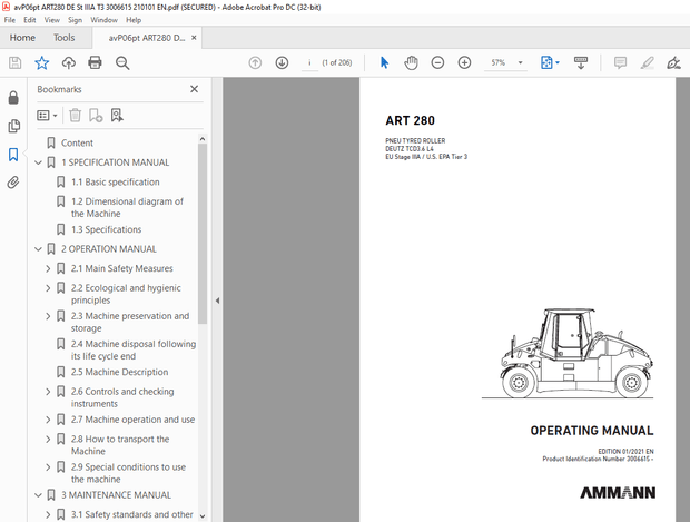 AMMANN ART 280 PNEU TYRED ROLLER OPERATING MANUAL 3006615 PDF