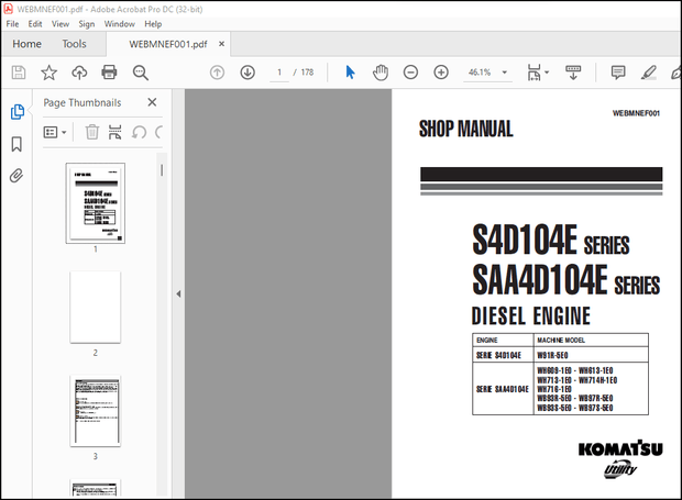Komatsu S4D104E Series SAA4D104E Series Diesel Engine Shop Manual WEBMNEF001 – PDF DOWNLOAD