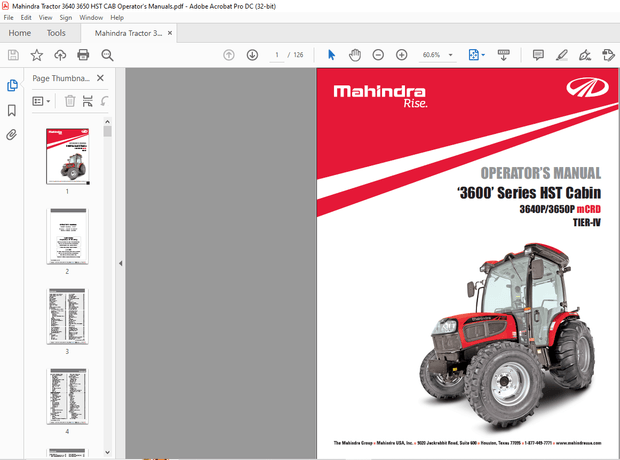 Mahindra Tractor ‘3600’ Series HST Cabin 3640P 3650P mCRD TIER-IV Operator’s Manual – PDF DOWNLOAD