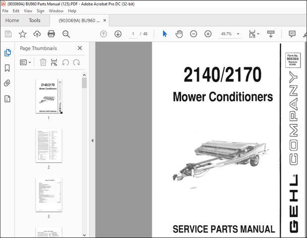 Gehl 2140 2170 Mower Conditioners Service Parts Manual(906305) – PDF DOWNLOAD