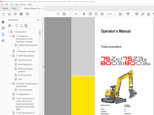 Wacker Neuson Track Excavators 75Z3 75Z32 8003 80032 Operator’s Manual  - PDF DOWNLOAD