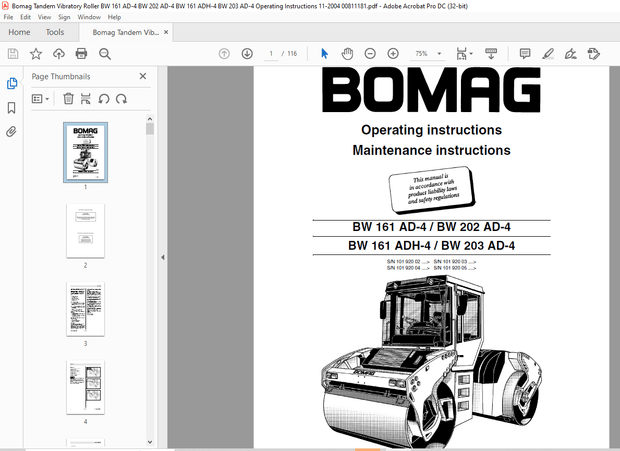 Bomag BW 161 AD-4 BW 202 AD-4 BW 161 ADH-4 BW 203 AD-4 Roller Operating Manual 00811181 PDF