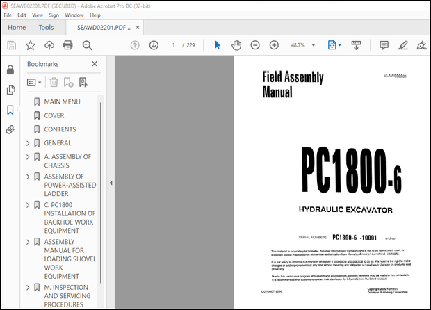 Komatsu PC1800-6 Hydraulic Excavator Field Assembly Manual SEAW002201 – PDF DOWNLOAD