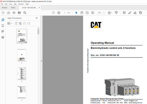 Cat Bucyrus Electrohydraulic control unit, 8 functions Operating Manual - PDF DOWNLOAD