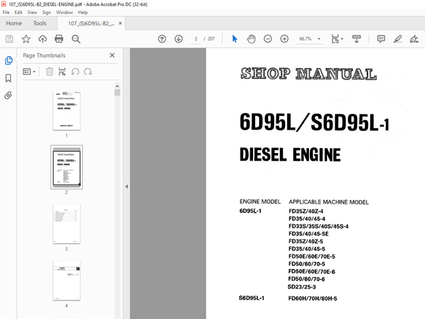 Komatsu FORKLIFT 6D95L/S6D95L-1 DIESEL ENGINE SHOP MANUAL (S)6D-5L-BE2 - PDF DOWNLOAD