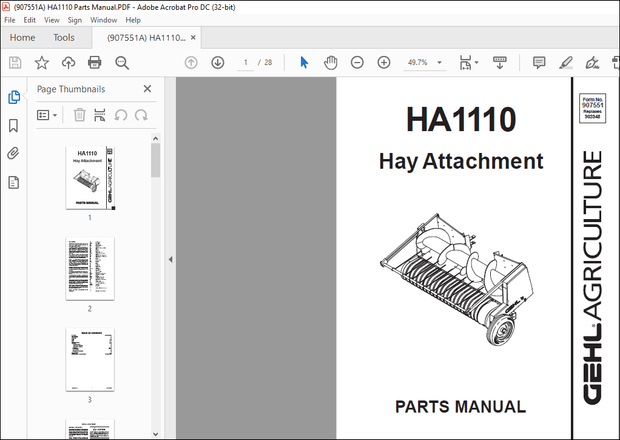 Gehl HA1110 Hay Attachment Parts Manual(907551) – PDF DOWNLOAD