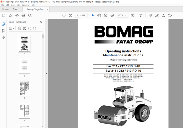 Bomag Single Drum Roller BW 211 212 213 D-40 BW 211 212 213 PD-40 Operating Instructions Manual PDF