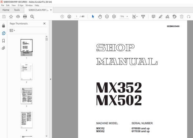 Komatsu MX352,MX502 Hydraulic Excavator Repair Service Manual SEBM035400 - PDF DOWNLOAD