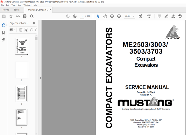 Mustang Compact Excavators ME2503 3003 3503 3703 Service Manual(918149) – PDF DOWNLOAD