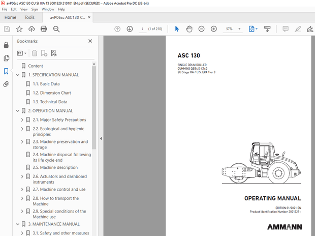 Ammann ASC 130 Single Drum Roller Operating Manual 3001329 - PDF