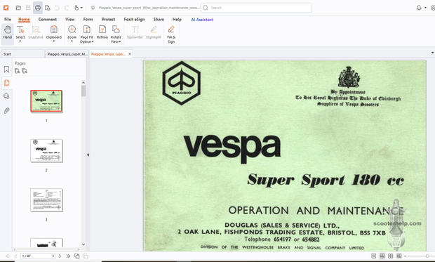 Piaggio Vespa Super Sport 180 cc Operation &amp; Maintenance Manual- PDF DOWNLOAD