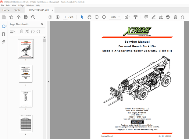 XTREME XR842/1045/1245/1254/1267 (Tier III) Forward Reach Forklift Service Manual PDF