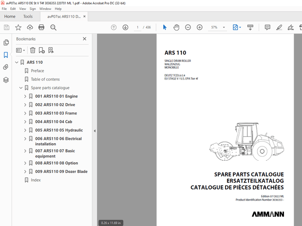 Ammann ARS 110 Single Drum Roller Parts Catalogue Manual 3036353 PDF