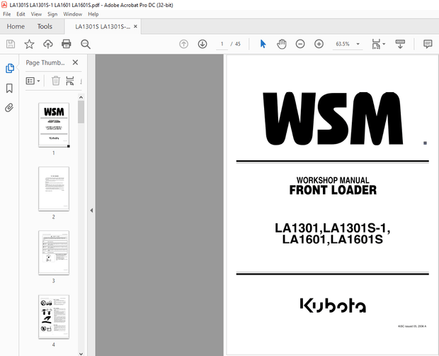 Kubota Front Loader LA1301S LA1301S-1 LA1601 LA1601S WORKSHOP MANUAL – PDF DOWNLOAD