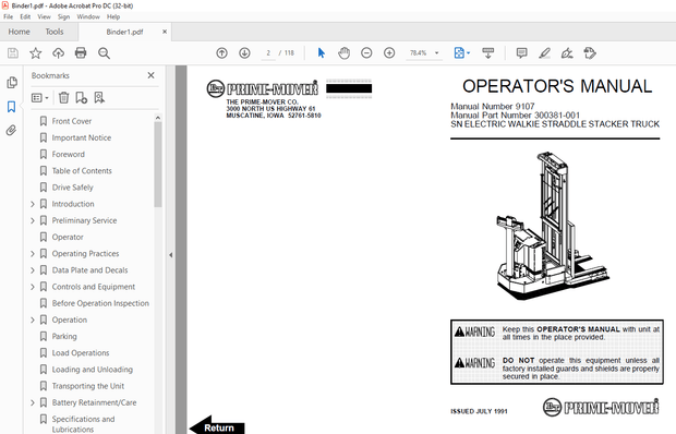 BT Forklift SN 20 30 40 ELECTRIC WALKIE STRADDLE STACKER TRUCK OPERATOR’S MANUAL  – PDF DOWNLOAD