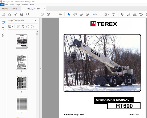 Terex Crane RT600 Tier 3 Export &amp; RТб00-1 Tier 4i Operator’s Manual 12261-262 – PDF DOWNLOAD